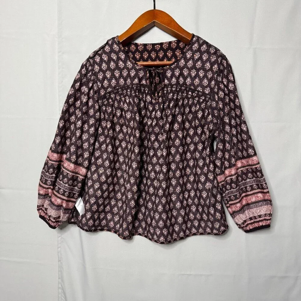 Old Navy Long Ballon Sleeve Smocked Brown Printed Poet Peasant Blouse Size Large